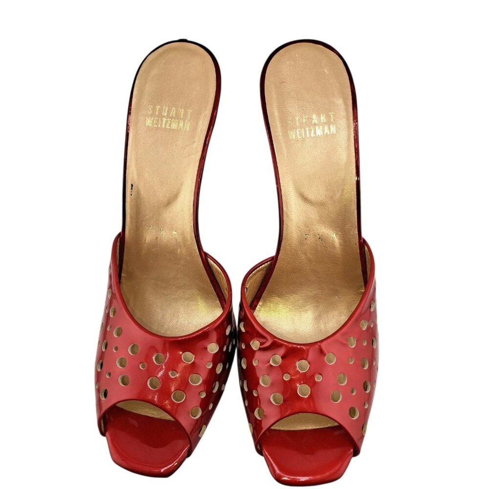 Stuart Weitzman Red Patent Leather Perforated Platform High Heel Mules 7.5 Peep